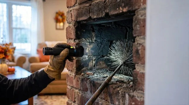 Technician shining a flashlight into a living room brick fireplace