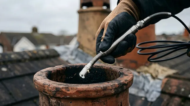 Inspection camera being lowered into a clay chimney pot on a rooftop