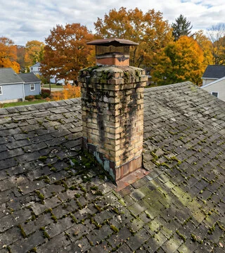 Before: discolored chimney with growth on the brick and a stained roof