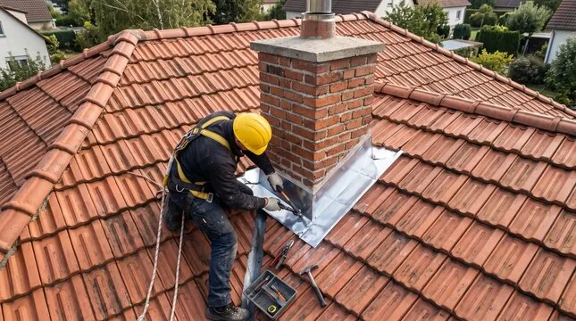 Roofer wearing a harness and hard hat installing metal flashing at a chimney on a terracotta tile roof
