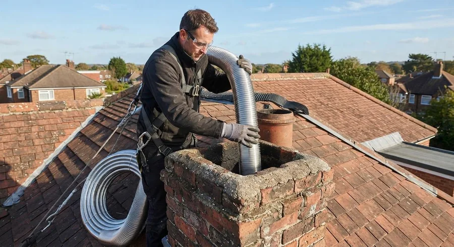 Technician in a safety harness lowering a stainless liner into a brick chimney on a clay tile roof