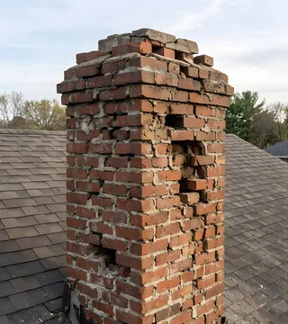 Before: chimney with loose bricks, open joints and holes in the brickwork