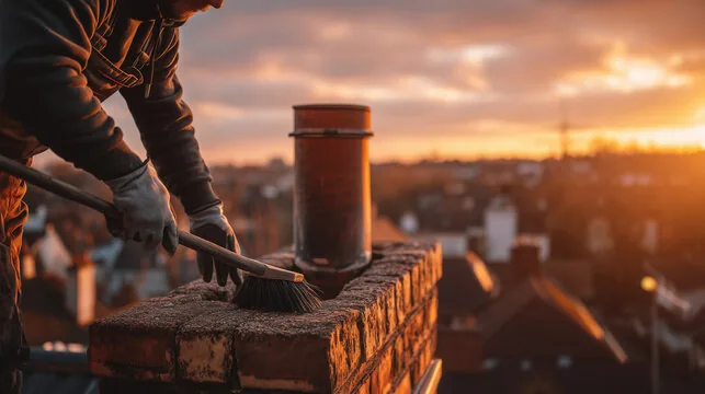 Brushing a chimney top at sunset