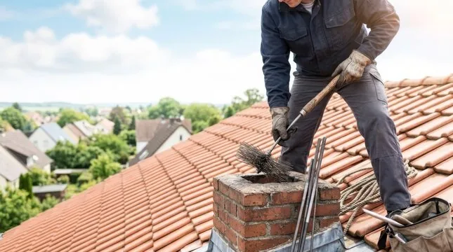 Sweep at a chimney on a tile roof